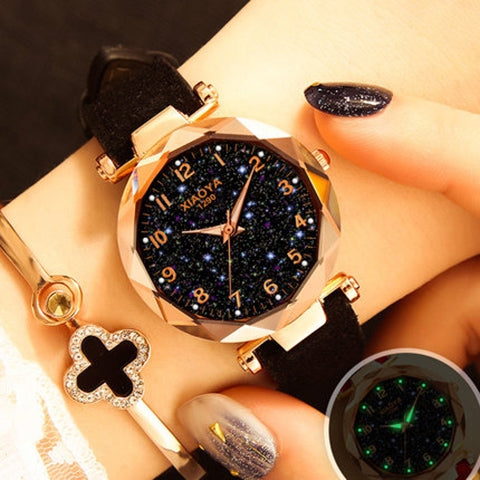 XIAOYA Fashion Women Star Sky Dial PU Leather Belt Quartz Wrist Watches