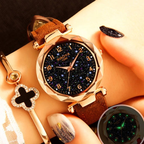 XIAOYA Fashion Women Star Sky Dial PU Leather Belt Quartz Wrist Watches