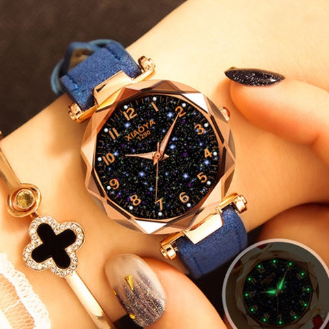 XIAOYA Fashion Women Star Sky Dial PU Leather Belt Quartz Wrist Watches