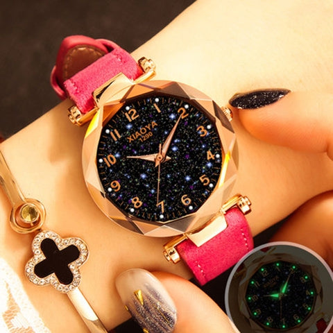 XIAOYA Fashion Women Star Sky Dial PU Leather Belt Quartz Wrist Watches