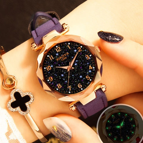 XIAOYA Fashion Women Star Sky Dial PU Leather Belt Quartz Wrist Watches