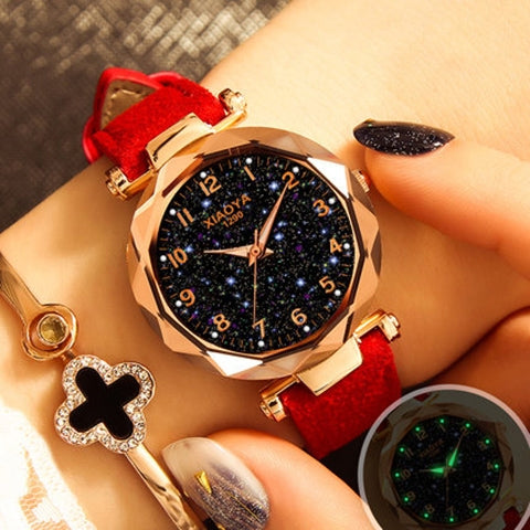 XIAOYA Fashion Women Star Sky Dial PU Leather Belt Quartz Wrist Watches