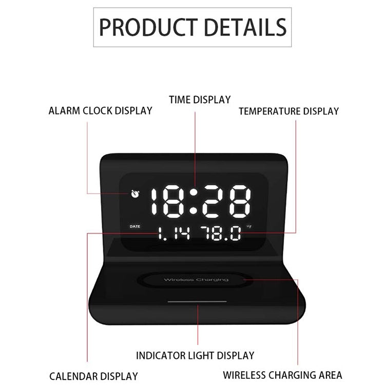 RT1 10W QI Universal Multi-function Mobile Phone Wireless Charger with Alarm Clock & Time / Calendar / Temperature Display