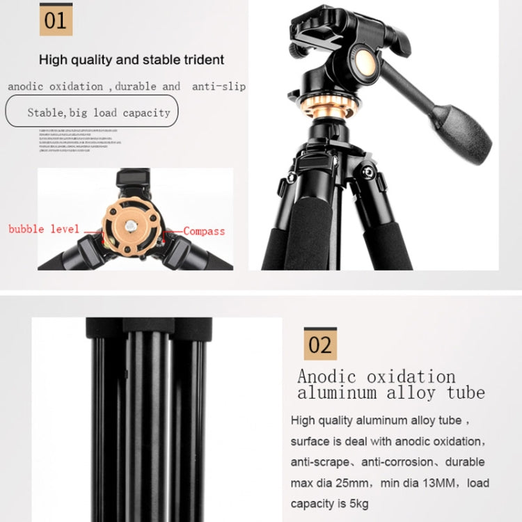 Q338 4-Section Folding Legs Live Broadcast Aluminum Alloy Tripod Mount With Three-dimensional Head