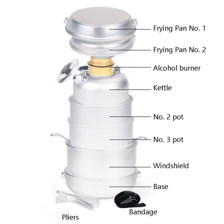 10-Piece Outdoor Alcohol Stove Cookware Set Portable Windproof Cookware Set 4-5 People Camping Boiler Set