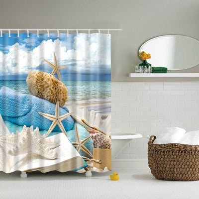 2 PCS Colorful Beach Conch Starfish Shell Polyester Washable Bath Shower Curtains, Size:90X180cm