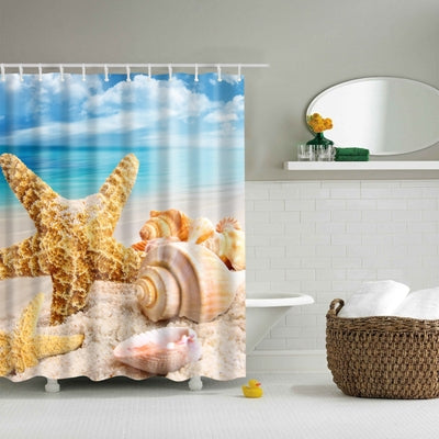 2 PCS Colorful Beach Conch Starfish Shell Polyester Washable Bath Shower Curtains, Size:165X180cm