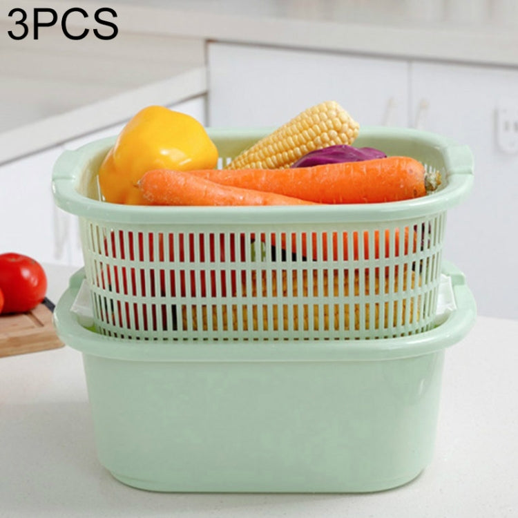 3 PCS Thick Double-Layer Vegetable Basket Kitchen Fruit Drain Basin(Green)