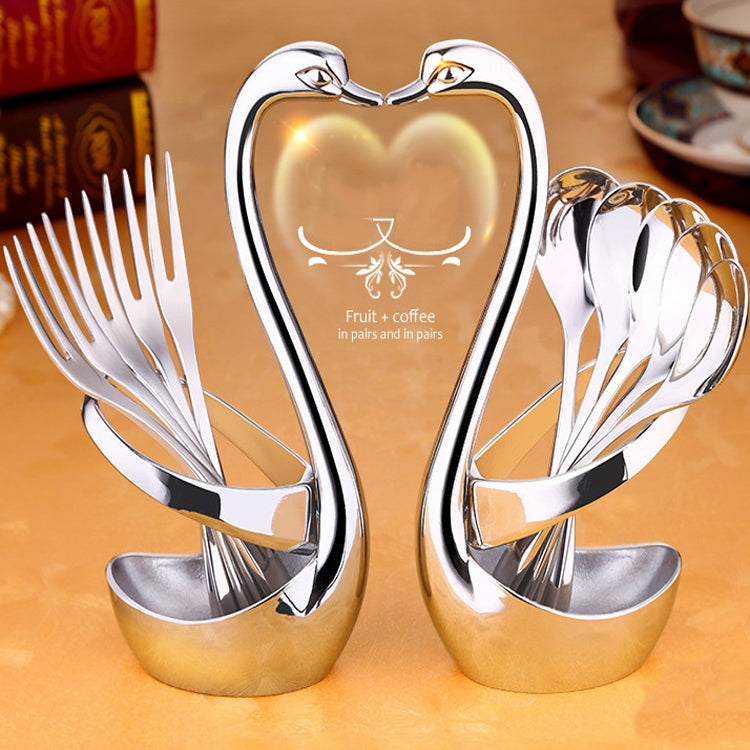 Stainless Steel Gift Tableware Fruit Fork Coffee Spoon Set Zinc Alloy Dessert Fork Spoon Swan Rack, Style:White Golden Swan + 5 Coffee Spoons