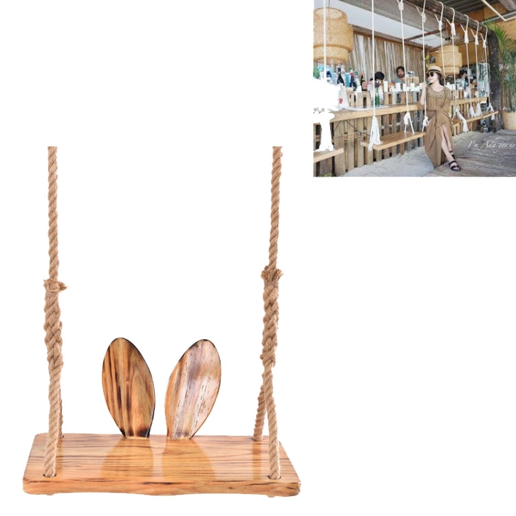 Solid Wood Outdoor And Indoor Swing  Balcony Household Anticorrosive Carbonized Wood Swing Children And Adult Bunny Ears Backrest Hemp Rope Swing