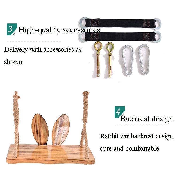 Solid Wood Outdoor And Indoor Swing  Balcony Household Anticorrosive Carbonized Wood Swing Children And Adult Bunny Ears Backrest Hemp Rope Swing