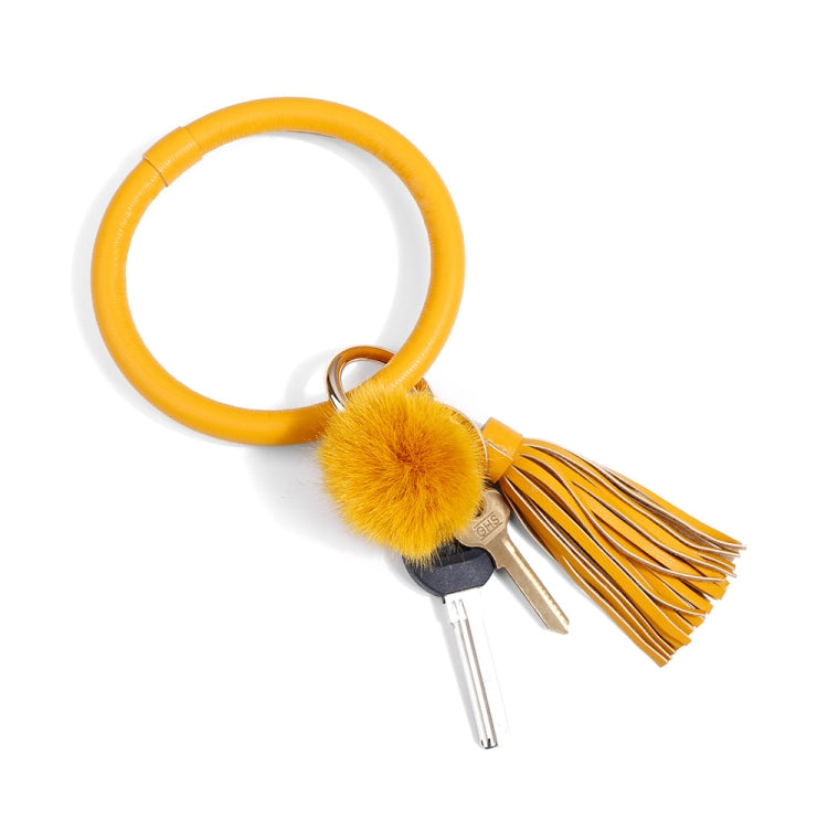 2 PCS Fringed Bracelet Keychain Circle Anti-Lost PU Leather Hairball Bracelet Keyring Pendant