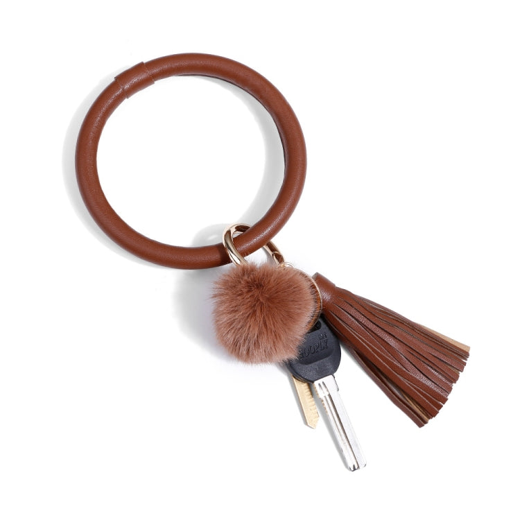 2 PCS Fringed Bracelet Keychain Circle Anti-Lost PU Leather Hairball Bracelet Keyring Pendant
