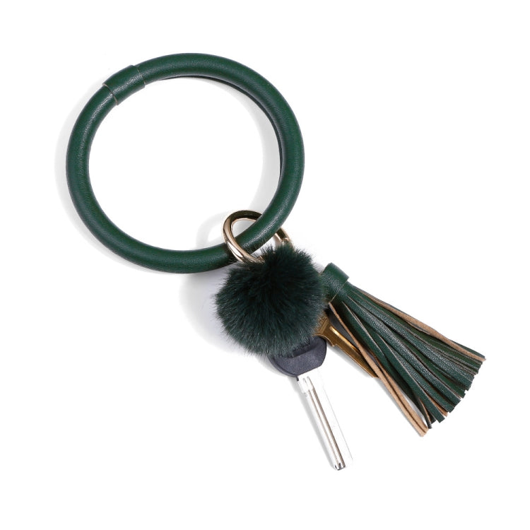 2 PCS Fringed Bracelet Keychain Circle Anti-Lost PU Leather Hairball Bracelet Keyring Pendant