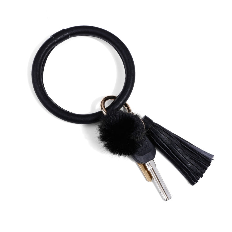 2 PCS Fringed Bracelet Keychain Circle Anti-Lost PU Leather Hairball Bracelet Keyring Pendant