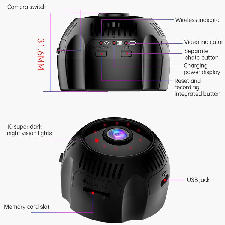 Driving Recorder Small Monitor Camera Sports Outdoor Wireless WIFI Night Vision HD Strap Camera without Memory Card(Black)
