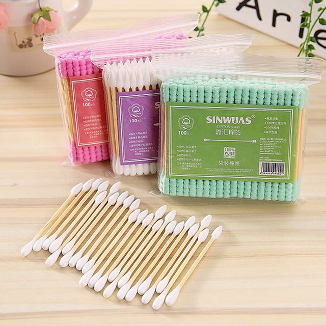 100 Pcs / Pack Double Head Ladies Cotton Swab Nose Ear Cleaning Tool(Random Color Delivery)