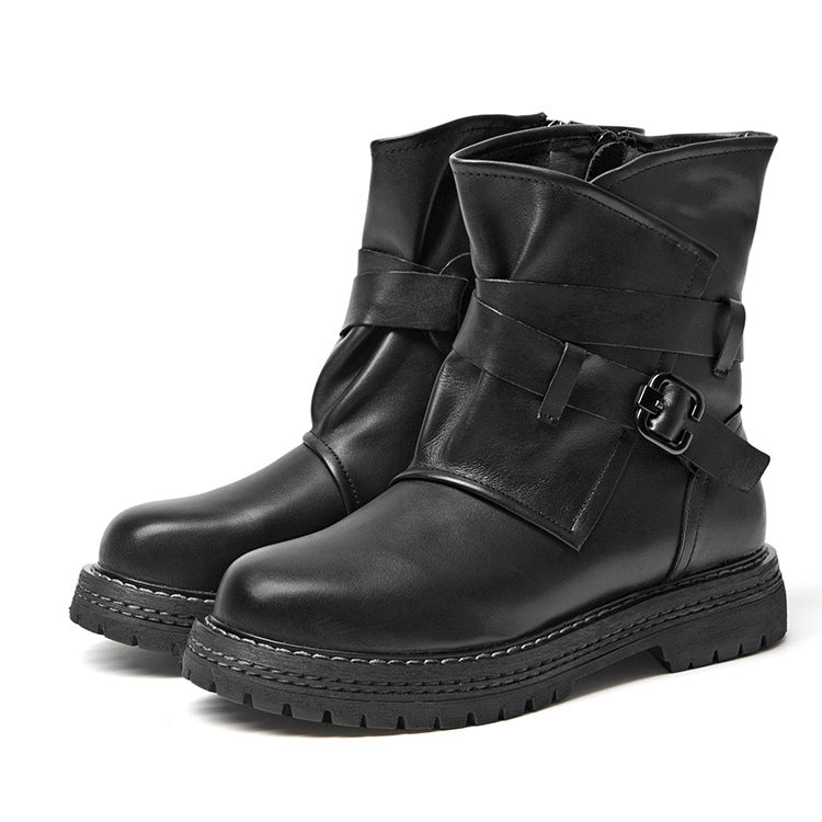 Leather Martin Boots Female Autumn And Winter Middle Tube Retro Leather Boots, Size: 35