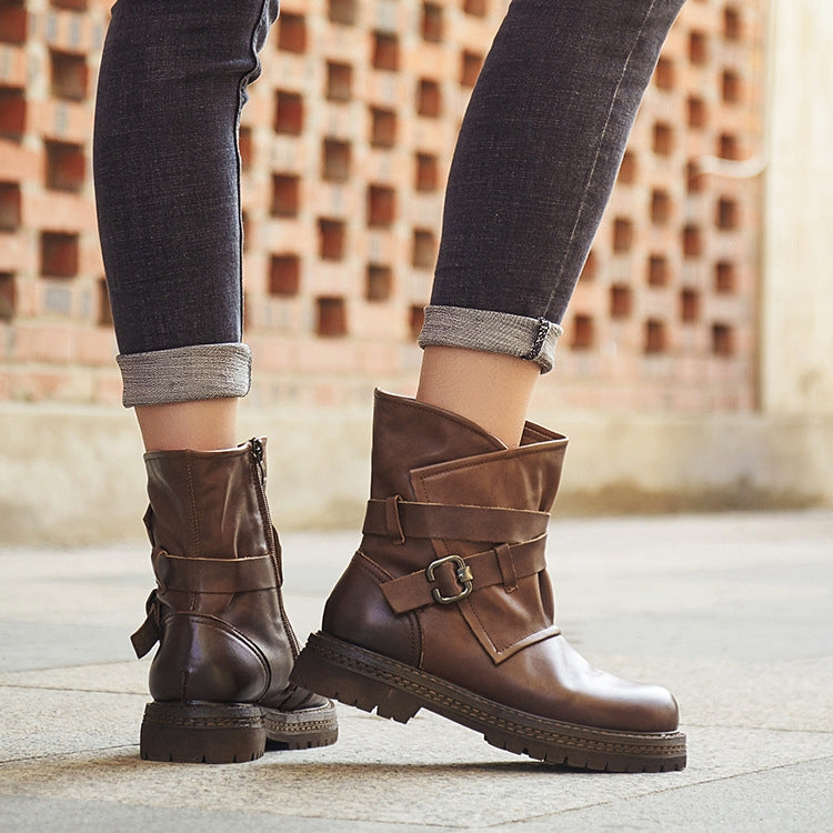 Leather Martin Boots Female Autumn And Winter Middle Tube Retro Leather Boots, Size: 35