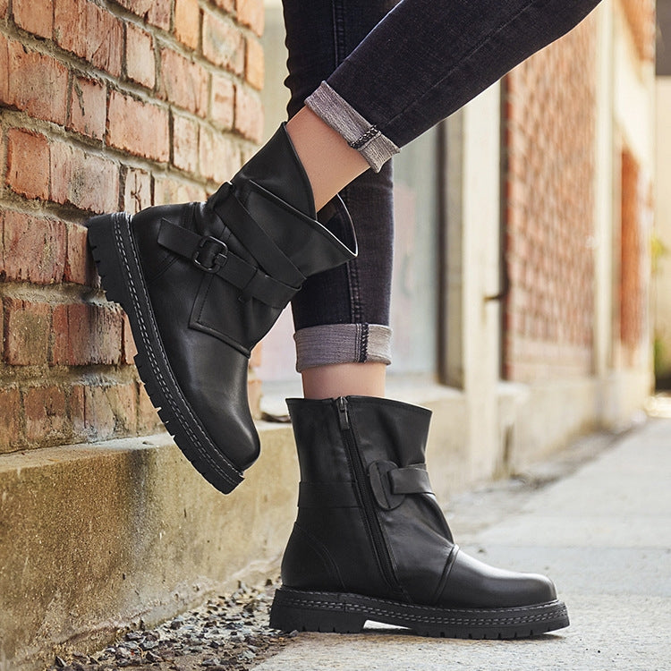 Leather Martin Boots Female Autumn And Winter Middle Tube Retro Leather Boots, Size: 36
