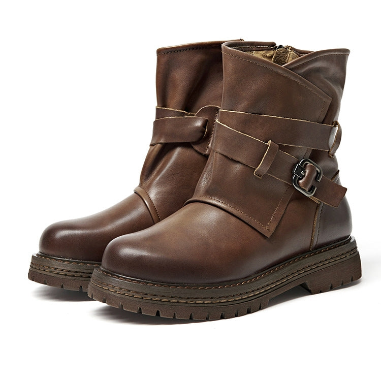Leather Martin Boots Female Autumn And Winter Middle Tube Retro Leather Boots, Size: 40