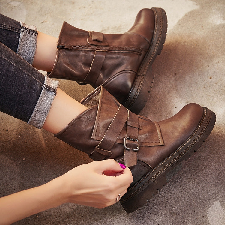 Leather Martin Boots Female Autumn And Winter Middle Tube Retro Leather Boots, Size: 40