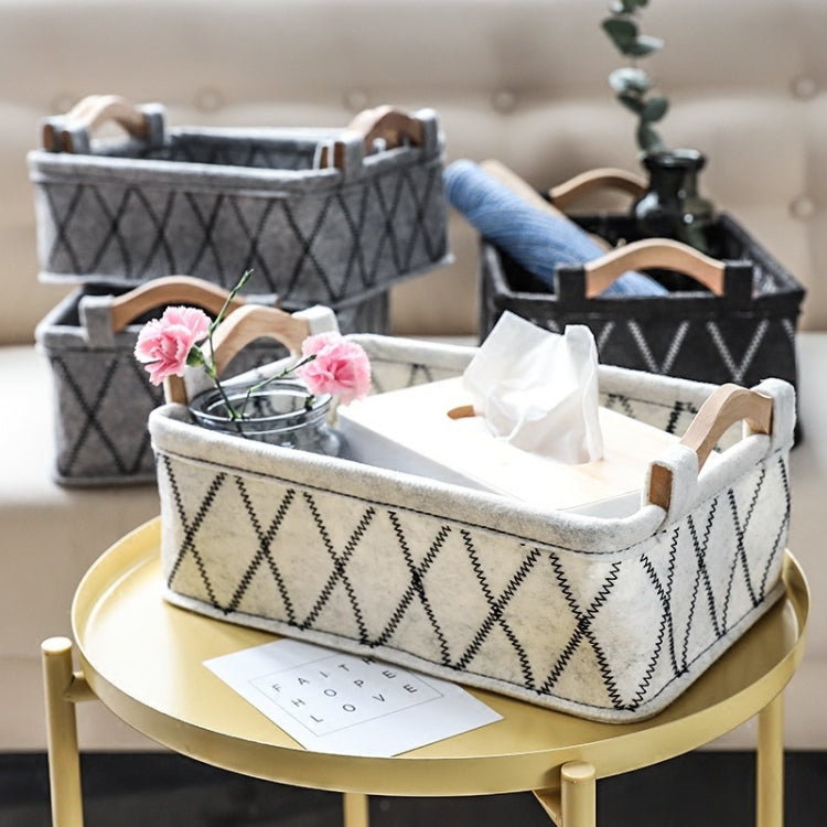 2 PCS Wooden Handle Felt Storage Basket Sundries Underwear Storage Box, Specification:  29x18x9.5cm(Off-white)
