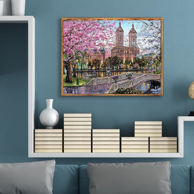 40x30cm High-Rise Bridge Pond Cherry Blossom Tree Landscape Cross Stitch Diamond Painting