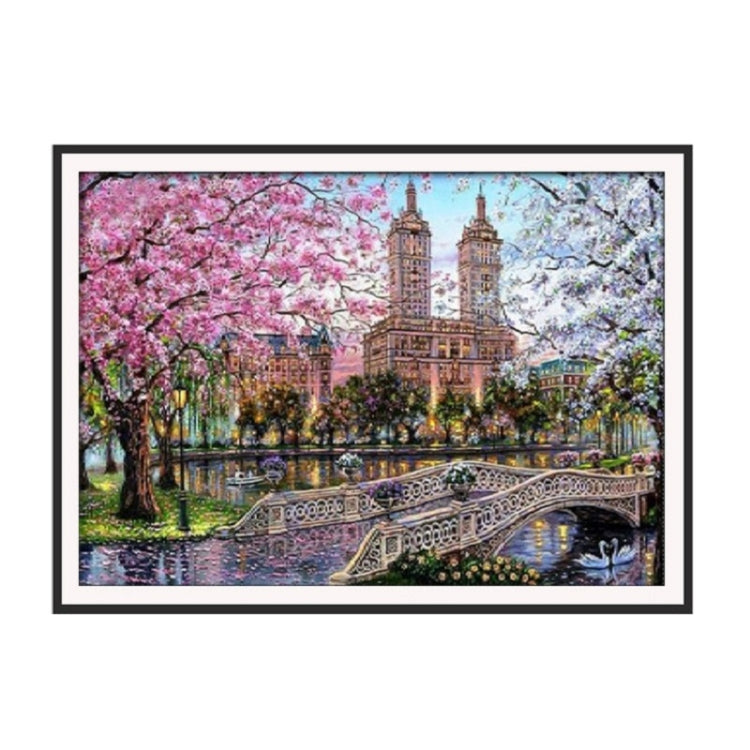 40x30cm High-Rise Bridge Pond Cherry Blossom Tree Landscape Cross Stitch Diamond Painting