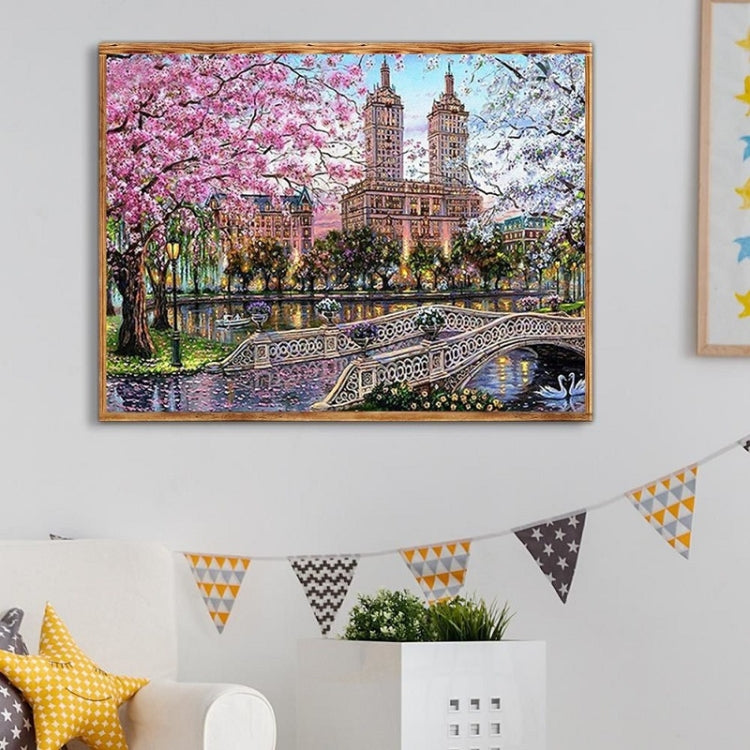 40x30cm High-Rise Bridge Pond Cherry Blossom Tree Landscape Cross Stitch Diamond Painting