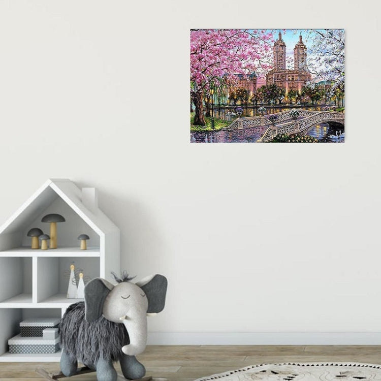40x30cm High-Rise Bridge Pond Cherry Blossom Tree Landscape Cross Stitch Diamond Painting
