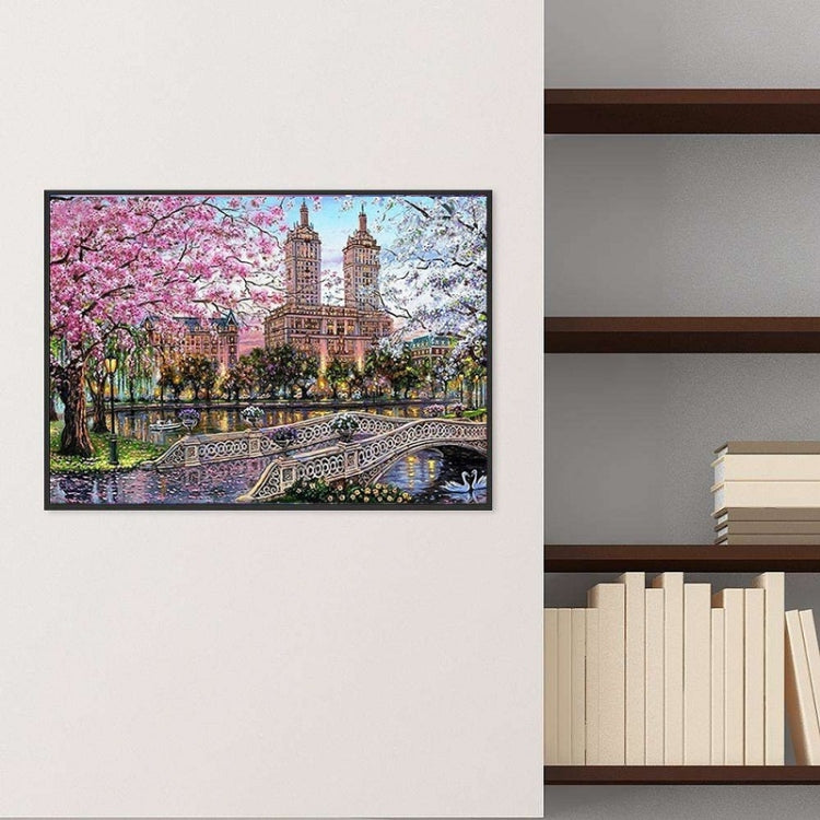 40x30cm High-Rise Bridge Pond Cherry Blossom Tree Landscape Cross Stitch Diamond Painting