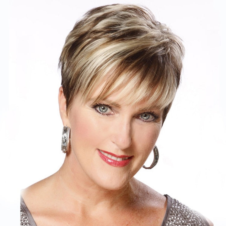 Ladies Diagonal Bangs Short Straight Hair Wig(Brown + Light Gold)