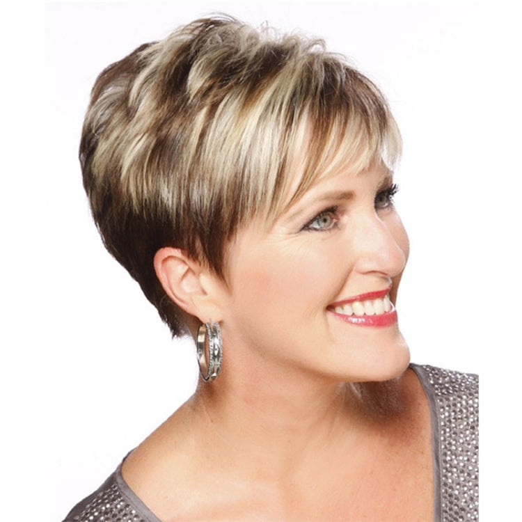 Ladies Diagonal Bangs Short Straight Hair Wig(Brown + Light Gold)