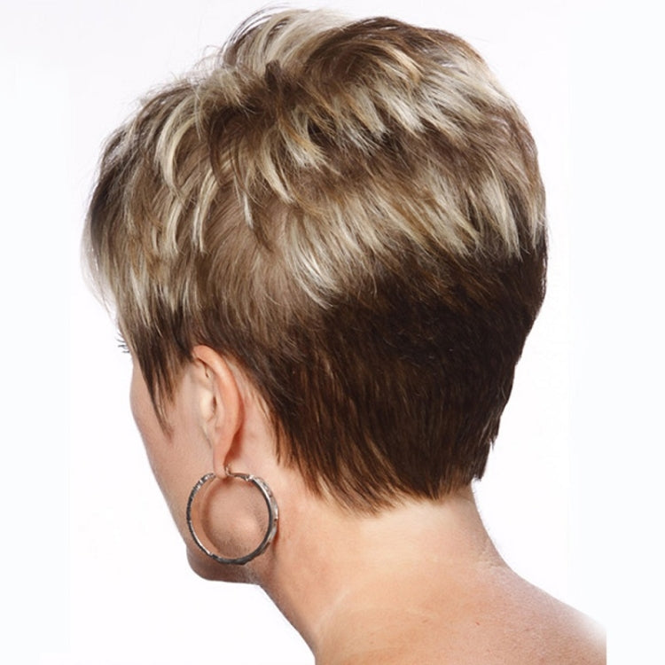 Ladies Diagonal Bangs Short Straight Hair Wig(Brown + Light Gold)