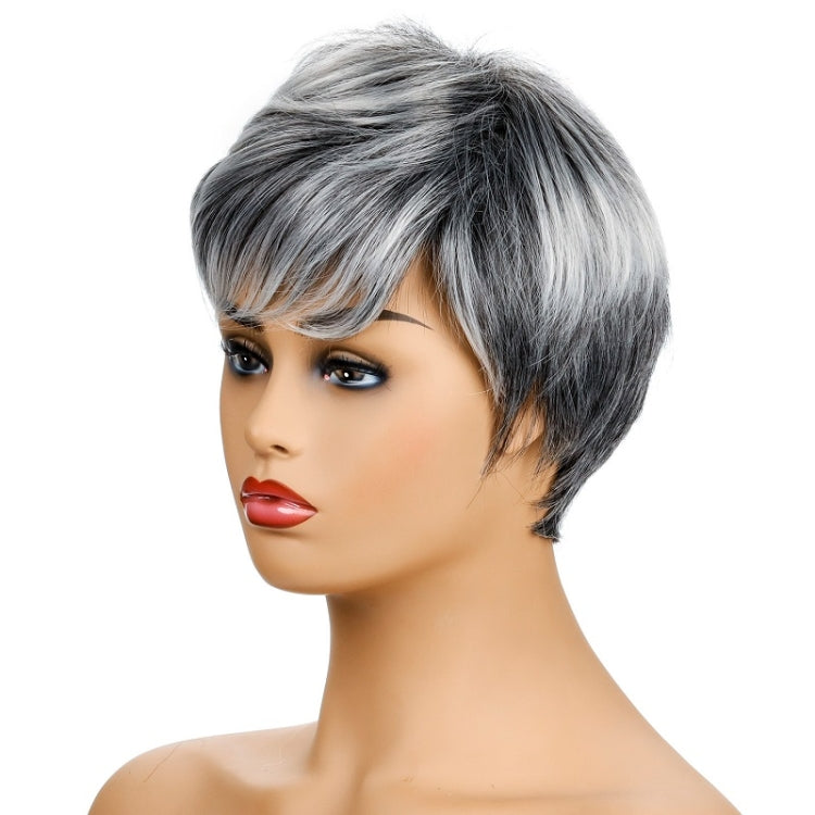Ladies Fashion Realistic Wig Short Curly Hair Headgear(Black+White)