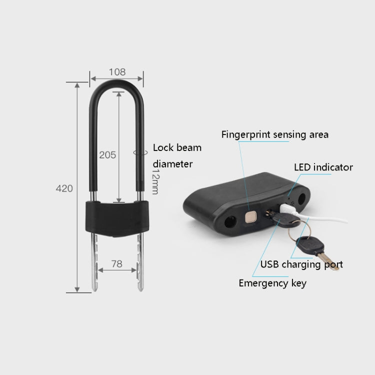 Smart Bluetooth Fingerprint U-Shaped Glass Door Lock Anti-Shear Anti-Theft Lock Extended Outdoor Waterproof U-Shaped Lock, Specification: U3 (Fingerprint+APP+Key)