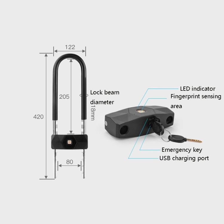Smart Bluetooth Fingerprint U-Shaped Glass Door Lock Anti-Shear Anti-Theft Lock Extended Outdoor Waterproof U-Shaped Lock, Specification: U5 (Fingerprint+APP+Key)