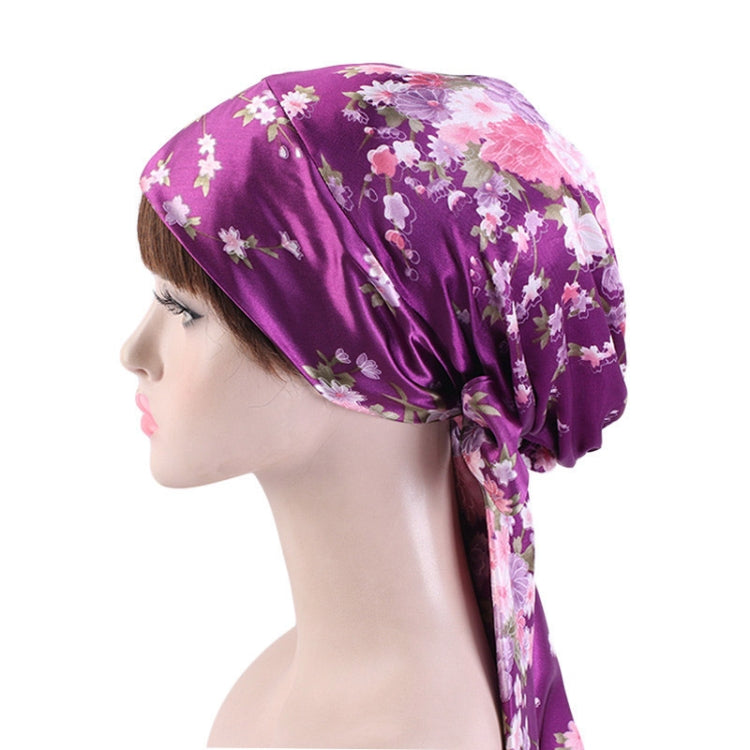 2 PCS TJM-226 Ladies Satin Print Ribbon Bow Turban Hat Night Cap Silk Chemotherapy Hat Long Tail Braid Hat