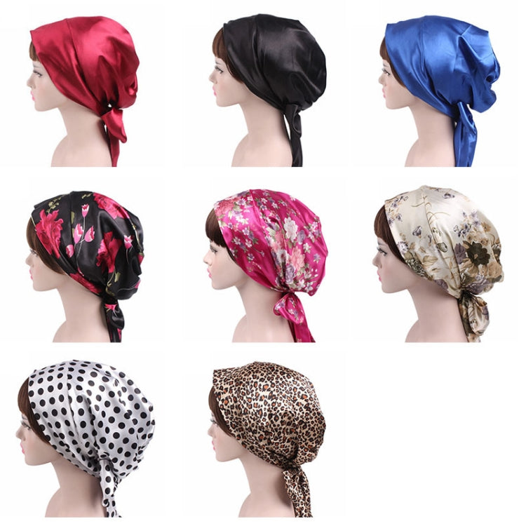 2 PCS TJM-226 Ladies Satin Print Ribbon Bow Turban Hat Night Cap Silk Chemotherapy Hat Long Tail Braid Hat
