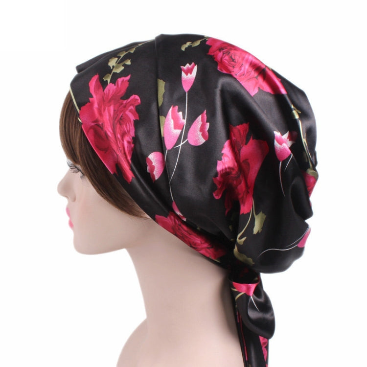 2 PCS TJM-226 Ladies Satin Print Ribbon Bow Turban Hat Night Cap Silk Chemotherapy Hat Long Tail Braid Hat