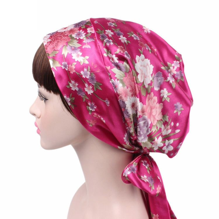 2 PCS TJM-226 Ladies Satin Print Ribbon Bow Turban Hat Night Cap Silk Chemotherapy Hat Long Tail Braid Hat