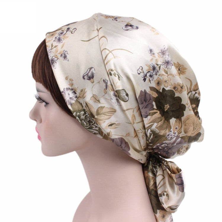 2 PCS TJM-226 Ladies Satin Print Ribbon Bow Turban Hat Night Cap Silk Chemotherapy Hat Long Tail Braid Hat