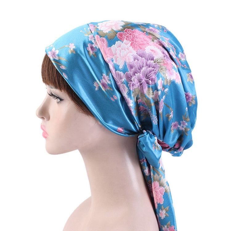 2 PCS TJM-226 Ladies Satin Print Ribbon Bow Turban Hat Night Cap Silk Chemotherapy Hat Long Tail Braid Hat