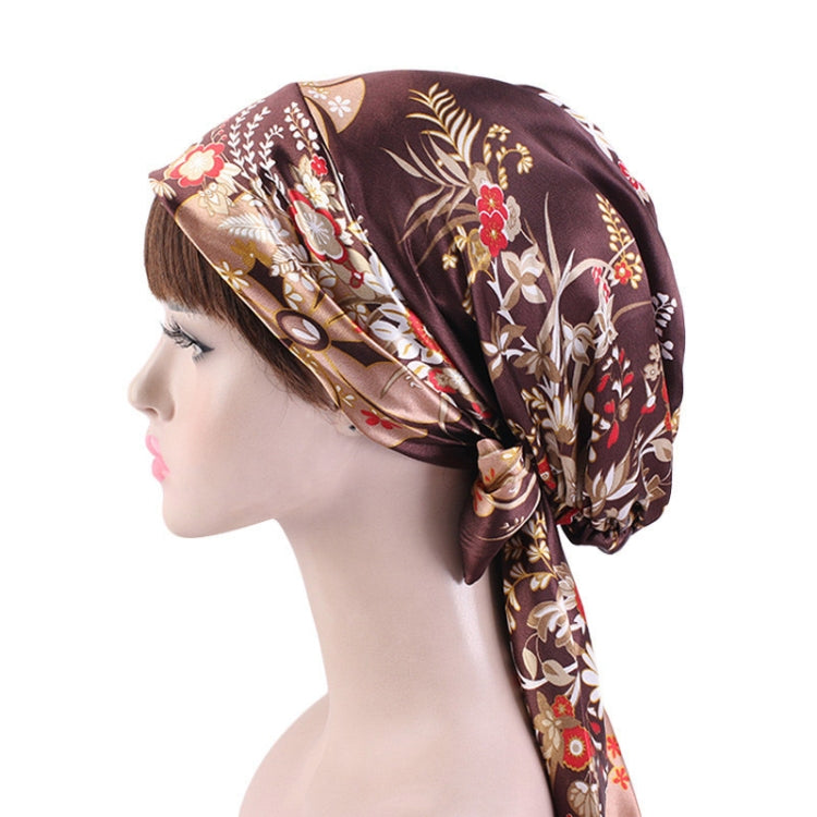 2 PCS TJM-226 Ladies Satin Print Ribbon Bow Turban Hat Night Cap Silk Chemotherapy Hat Long Tail Braid Hat