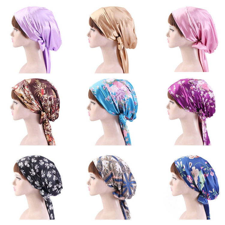 2 PCS TJM-226 Ladies Satin Print Ribbon Bow Turban Hat Night Cap Silk Chemotherapy Hat Long Tail Braid Hat
