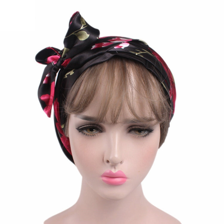 2 PCS TJM-226 Ladies Satin Print Ribbon Bow Turban Hat Night Cap Silk Chemotherapy Hat Long Tail Braid Hat