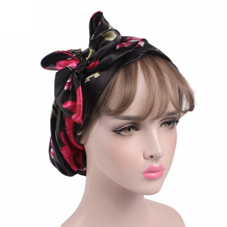 2 PCS TJM-226 Ladies Satin Print Ribbon Bow Turban Hat Night Cap Silk Chemotherapy Hat Long Tail Braid Hat