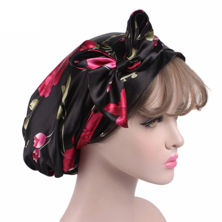 2 PCS TJM-226 Ladies Satin Print Ribbon Bow Turban Hat Night Cap Silk Chemotherapy Hat Long Tail Braid Hat