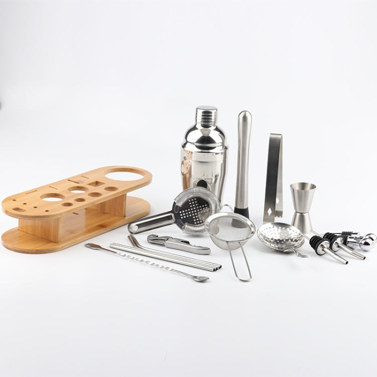 18 in 1 Stainless Steel Cocktail Shaker Set, Oval Bamboo Base, Bar Tool Set, Specification: 550ml